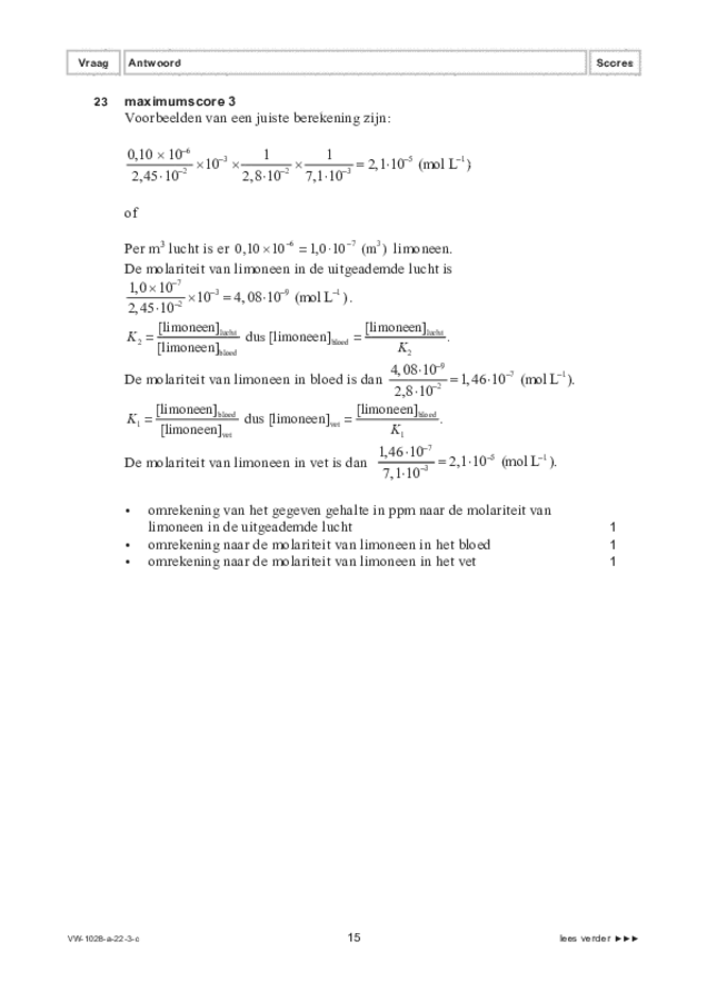 Correctievoorschrift examen VWO scheikunde 2022, tijdvak 3. Pagina 15
