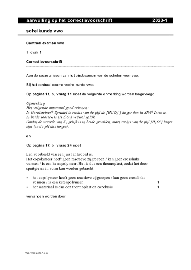 Aanvullingen examen VWO scheikunde 2023, tijdvak 1. Pagina 1