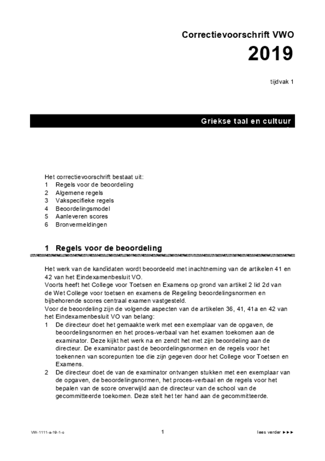 Correctievoorschrift examen VWO Grieks 2019, tijdvak 1. Pagina 1