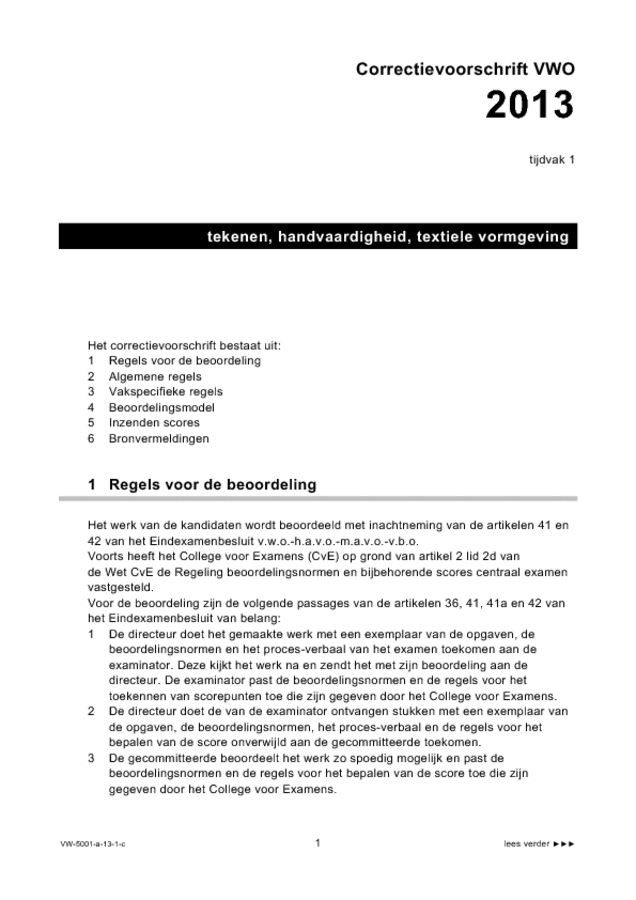 Correctievoorschrift examen VWO tekenen, handenarbeid en textiele werkvormen 2013, tijdvak 1. Pagina 1