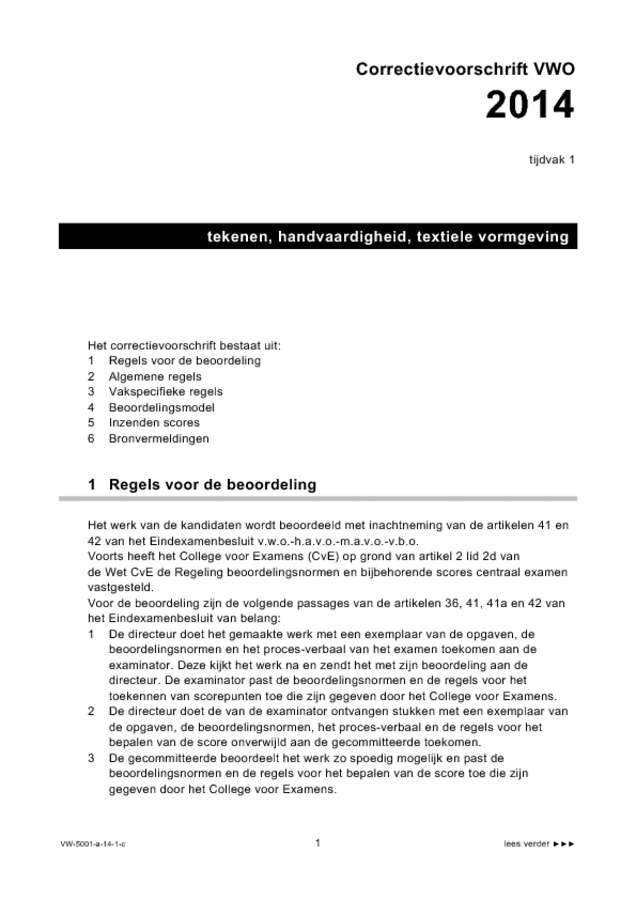 Correctievoorschrift examen VWO tekenen, handenarbeid en textiele werkvormen 2014, tijdvak 1. Pagina 1