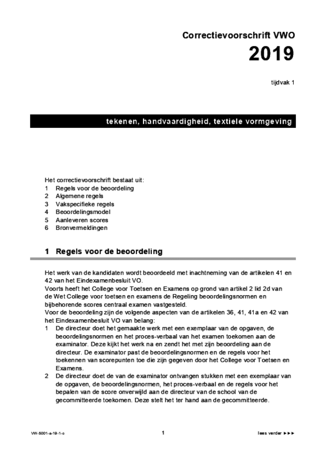 Correctievoorschrift examen VWO tekenen, handenarbeid en textiele werkvormen 2019, tijdvak 1. Pagina 1