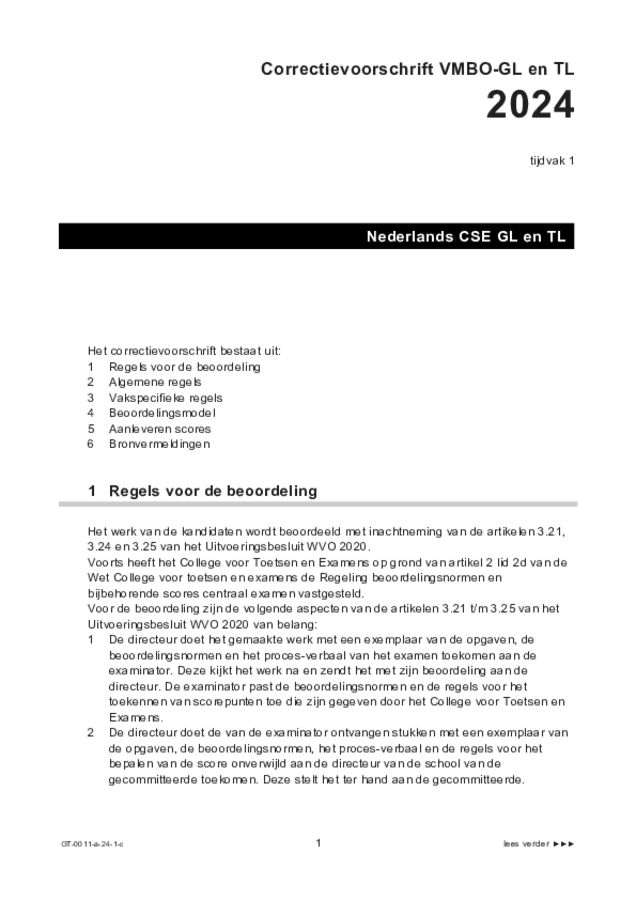 Correctievoorschrift examen VMBO GLTL Nederlands 2024, tijdvak 1. Pagina 1