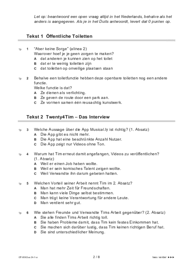 Opgaven examen VMBO GLTL Duits 2024, tijdvak 1. Pagina 2