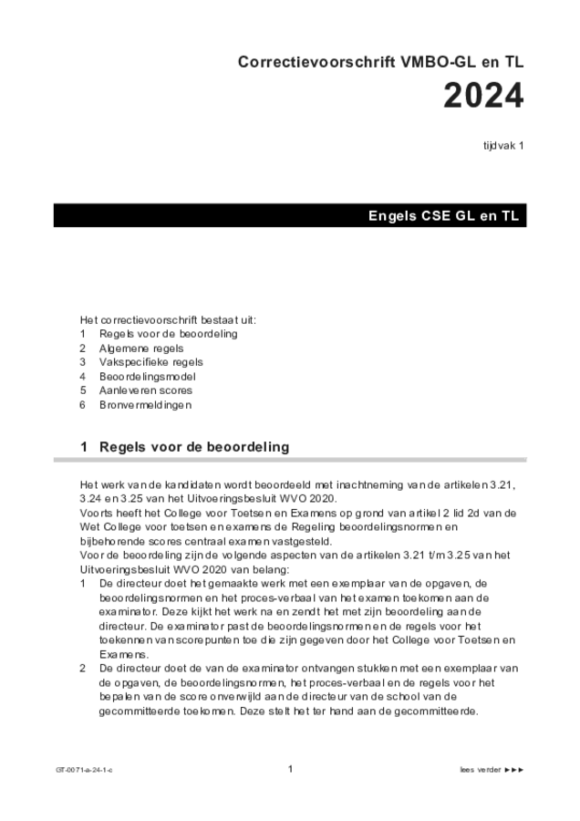 Correctievoorschrift examen VMBO GLTL Engels 2024, tijdvak 1. Pagina 1