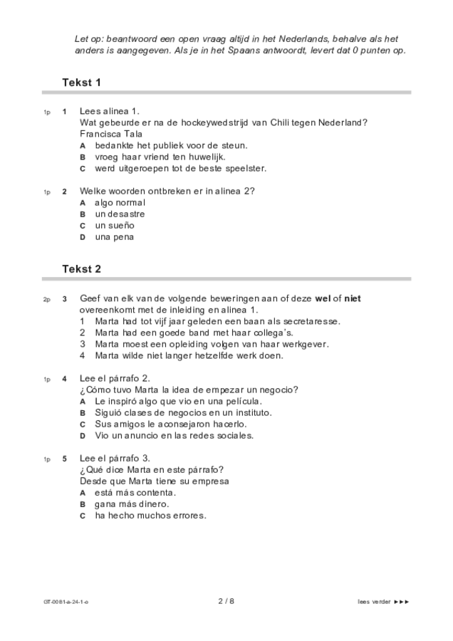 Opgaven examen VMBO GLTL Spaans 2024, tijdvak 1. Pagina 2