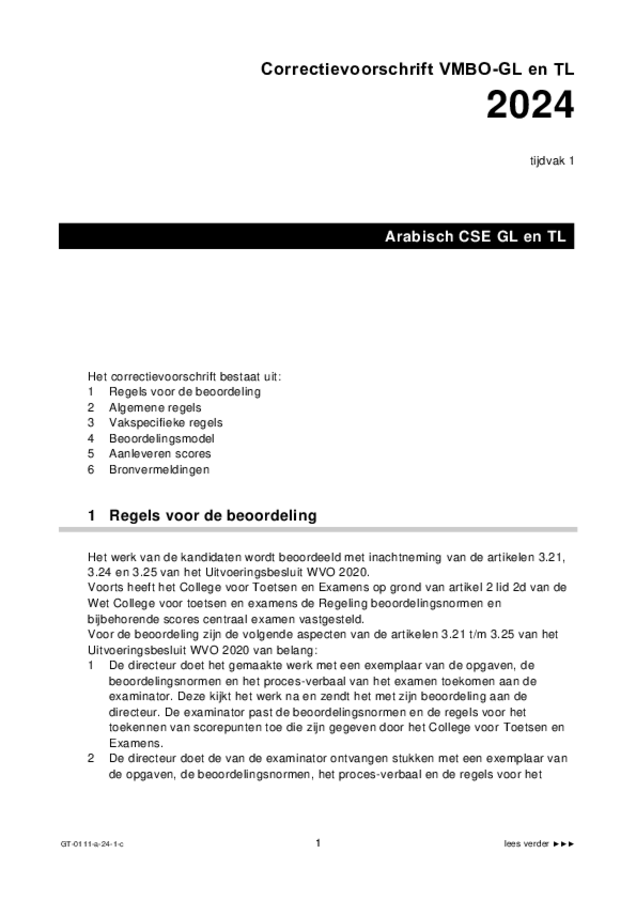 Correctievoorschrift examen VMBO GLTL Arabisch 2024, tijdvak 1. Pagina 1