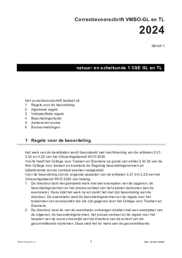 Correctievoorschrift examen VMBO GLTL natuur- en scheikunde 1 2024, tijdvak 1. Pagina 1