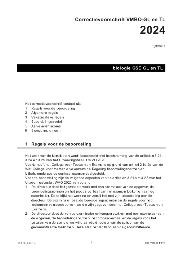 Correctievoorschrift examen VMBO GLTL biologie 2024, tijdvak 1. Pagina 1