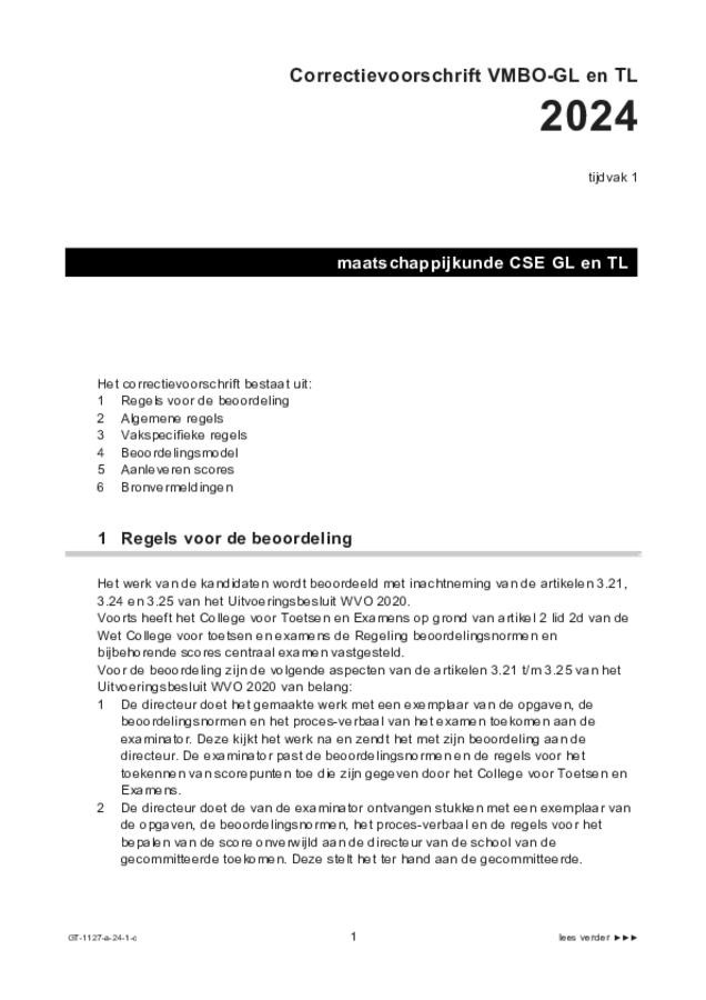 Correctievoorschrift examen VMBO GLTL maatschappijleer 2 2024, tijdvak 1. Pagina 1