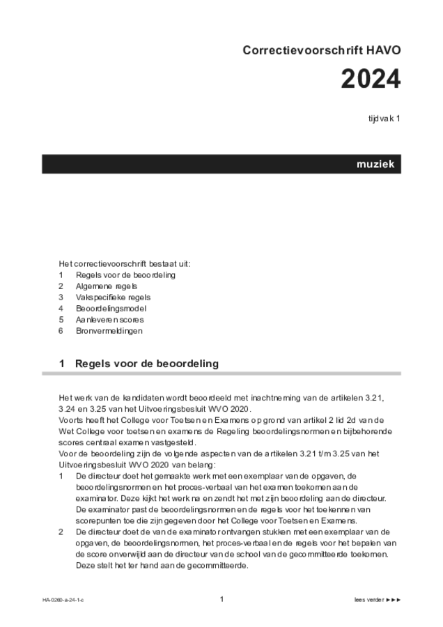 Correctievoorschrift examen HAVO muziek 2024, tijdvak 1. Pagina 1