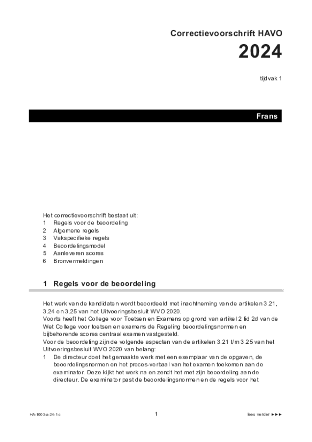 Correctievoorschrift examen HAVO Frans 2024, tijdvak 1. Pagina 1