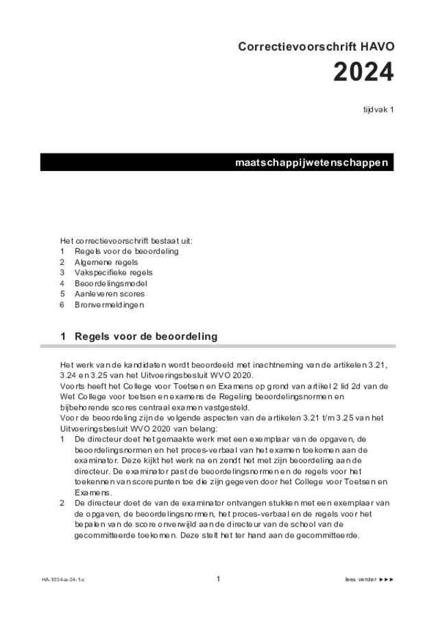 Correctievoorschrift examen HAVO maatschappijwetenschappen 2024, tijdvak 1. Pagina 1