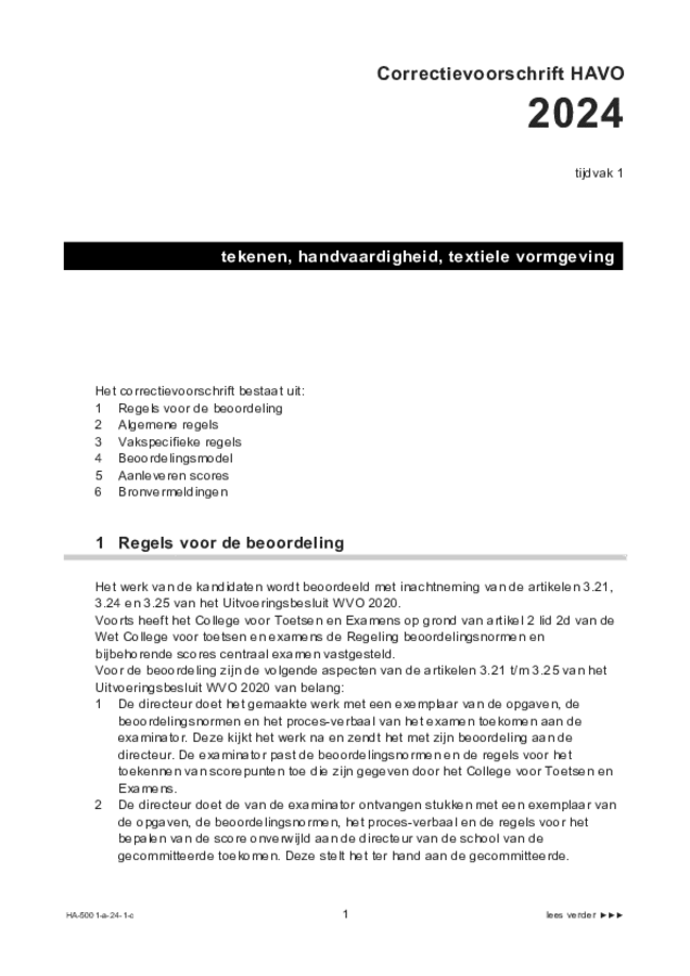 Correctievoorschrift examen HAVO tekenen, handenarbeid en textiele werkvormen 2024, tijdvak 1. Pagina 1