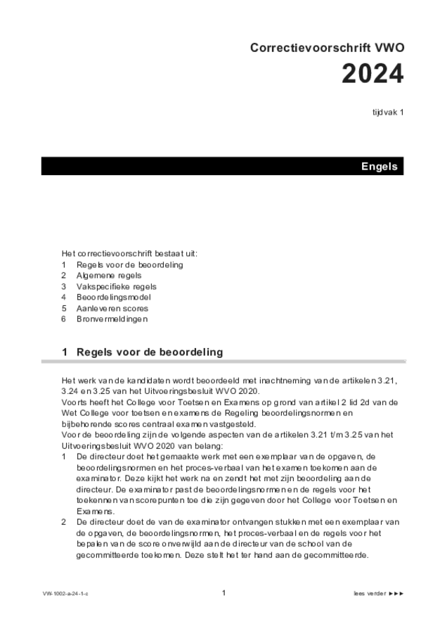 Correctievoorschrift examen VWO Engels 2024, tijdvak 1. Pagina 1