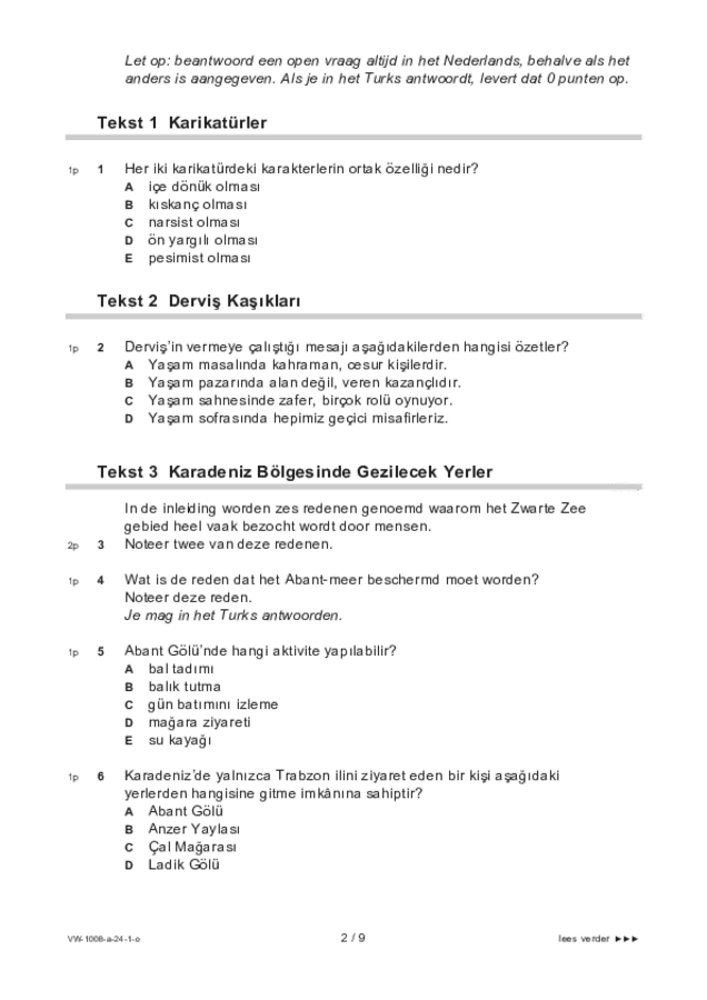 Opgaven examen VWO Turks 2024, tijdvak 1. Pagina 2