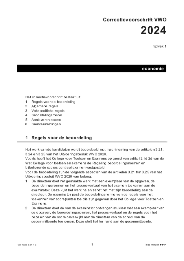 Correctievoorschrift examen VWO economie 2024, tijdvak 1. Pagina 1