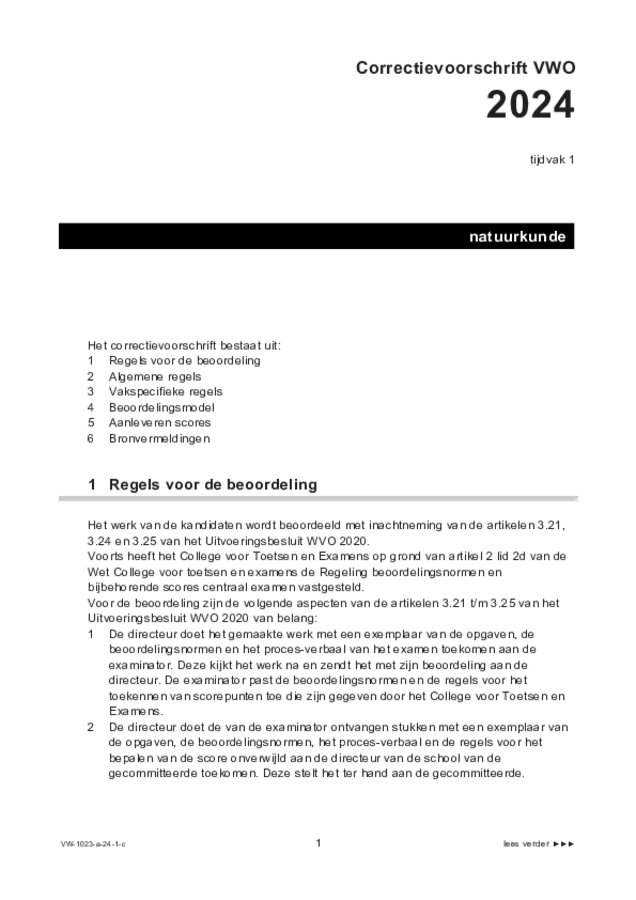 Correctievoorschrift examen VWO natuurkunde 2024, tijdvak 1. Pagina 1